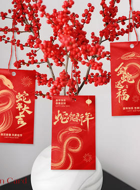 新年红色喜庆吊牌高级感新年春节绿植冬青伴手礼年宵花装饰挂卡