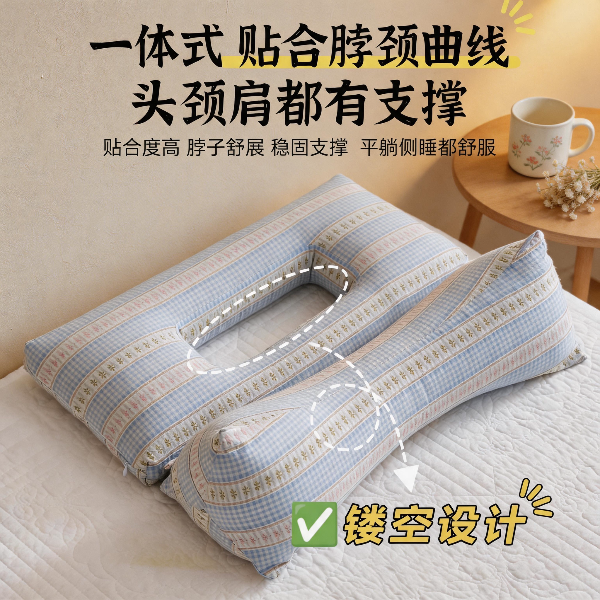 全棉颈椎全荞麦枕头壳镂空助侧睡不压脸三角护耳枕芯睡眠一只对装