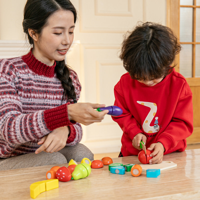Springbuds木质桶装切切看互动玩具儿童厨房玩具水果蔬菜切切乐