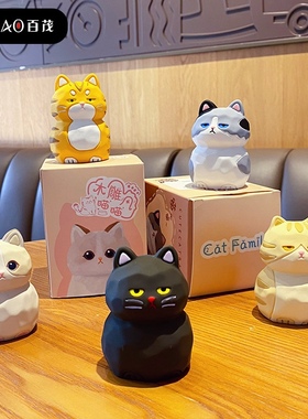 正版原创卡通木雕风猫猫家族汽车摆件女潮流车载摆饰创意桌面摆件