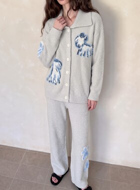 冬天加厚休闲小狗针织半边绒睡衣女冬季新款保暖可外穿家居服套装