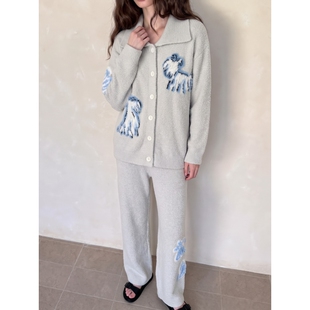 冬天加厚休闲小狗针织半边绒睡衣女冬季新款保暖可外穿家居服套装