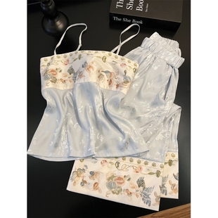 新中式 国风设计感甜美印花冰丝吊带睡衣女夏款 背心长裤 家居服套装