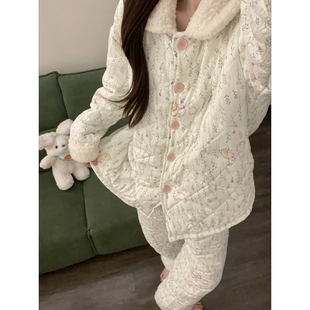 少女小清新可爱碎花翻领夹棉睡衣女冬季新款加厚可外穿家居服套装