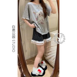 可爱小狗印花短袖 2025新款 韩版 睡衣女夏季 蕾丝花边短裤 家居服套装