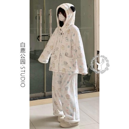 少女卡通可爱熊猫连帽珊瑚绒睡衣秋冬款女加绒加厚保暖家居服套装