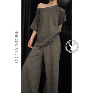 夏季 短袖 日韩风高级感休闲凯蒂猫露肩睡衣女款 新款 长裤 家居服套装