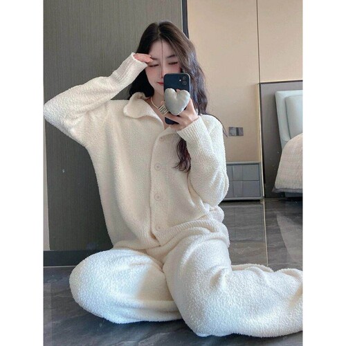 针织半边绒睡衣女冬季家居服套装