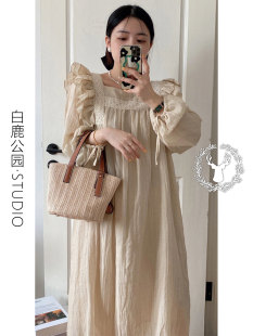 日系甜美荷叶边长袖连衣裙女士夏季新款大码少女休闲棉麻气质长裙