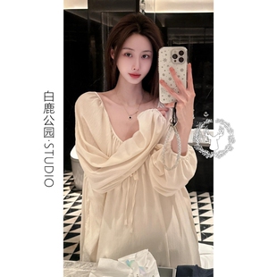 法式甜美温柔风大码睡裙女长袖睡裙女春秋款新款可外穿家居连衣裙