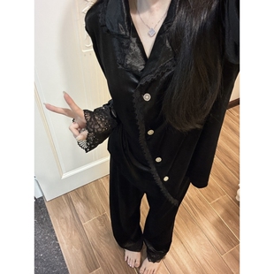 法式纯欲高级感金丝绒睡衣女冬季新款蕾丝花边加厚保暖家居服套装