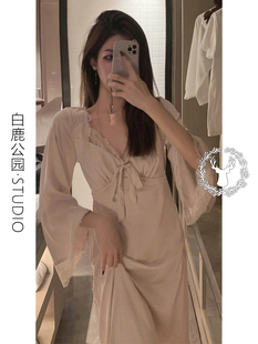 中长款 法式 长袖 复古风蕾丝拼接冰丝睡衣女夏天新款 睡裙家居服 薄款