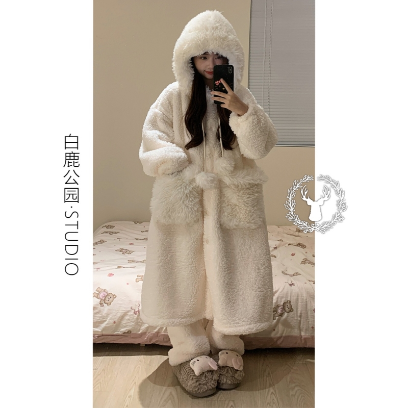 连帽珊瑚绒睡衣秋冬款家居服套装