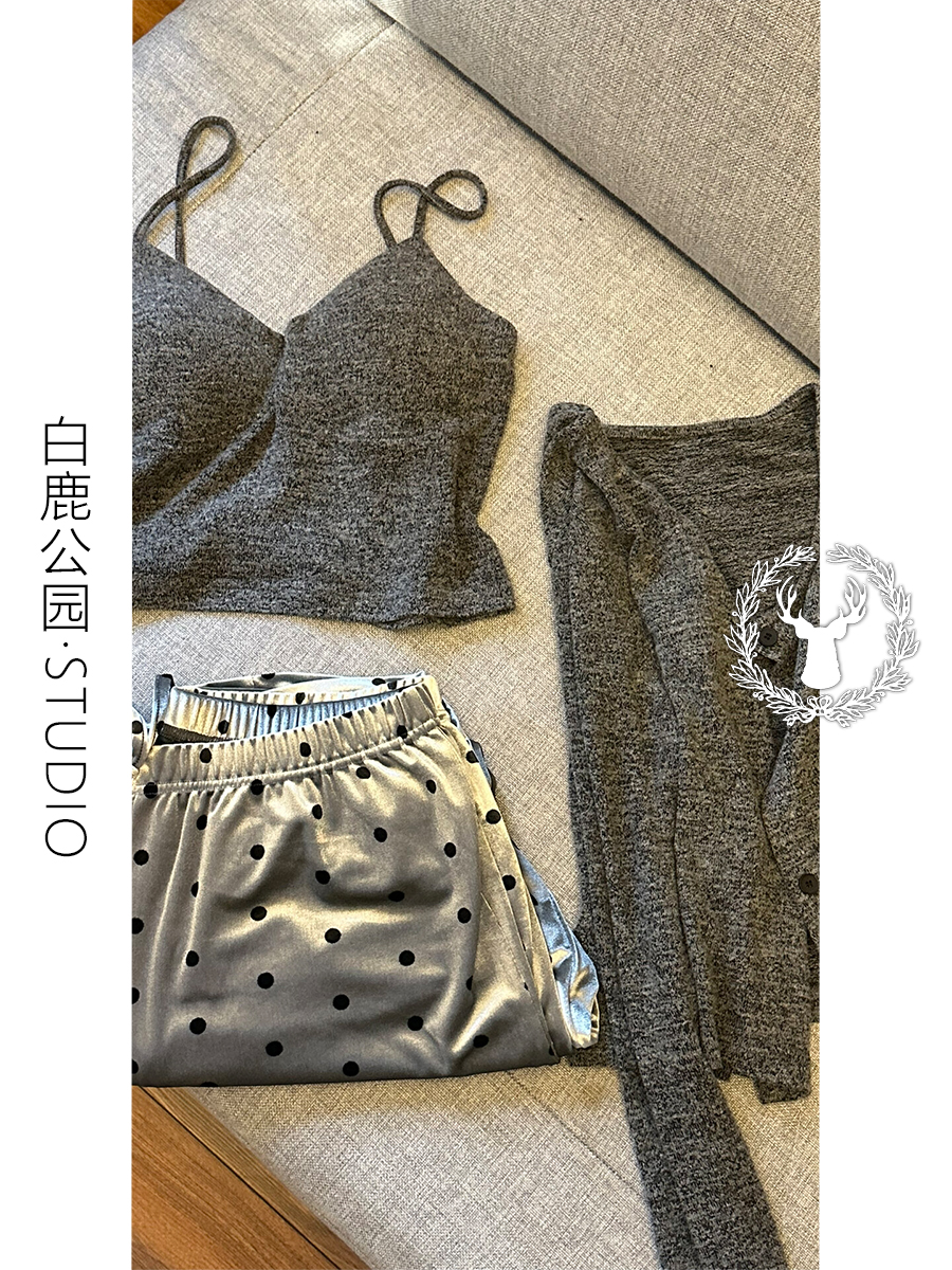 超火纯欲风带胸垫睡衣女春秋款性感甜美吊带开衫长裤家居服三件套