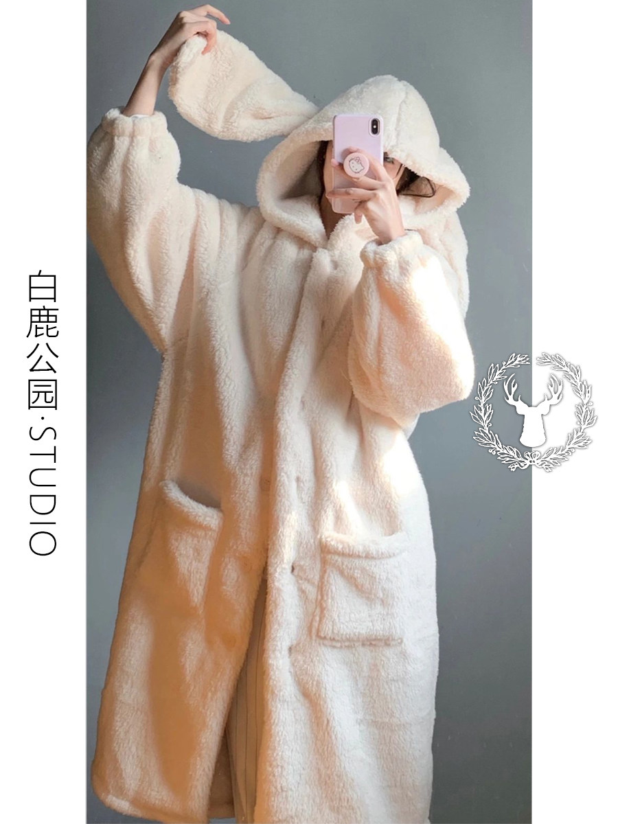 兔耳朵睡衣冬季女加绒加厚2025年新款大码甜美少女睡裙家居服睡袍,女士内衣/男士内衣/家居服,睡袍/浴袍,淘宝优惠券,粉丝福利购,淘宝优惠卷