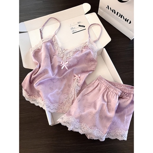 少女纯欲发韵味紫色蕾丝吊带睡衣女夏季新款冰丝可外穿家居服套装