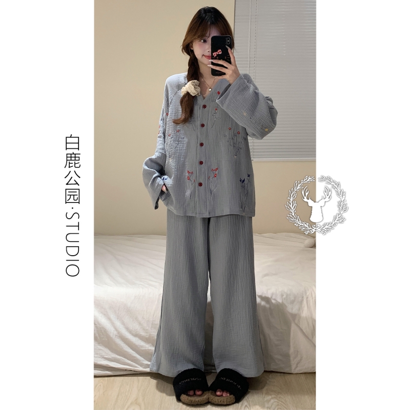 棉纱睡衣女夏长袖长裤家居服套装