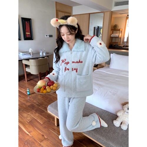 翻领半边绒睡衣女冬季家居服套装