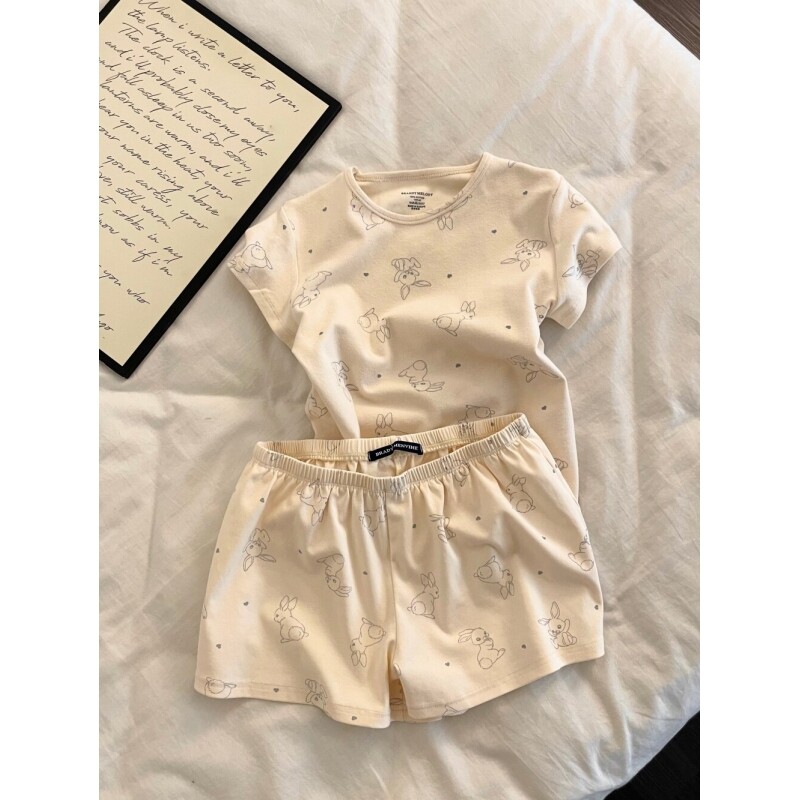 日系可爱兔子印花短袖睡衣女2026春夏季新款家居服大码套装可外穿