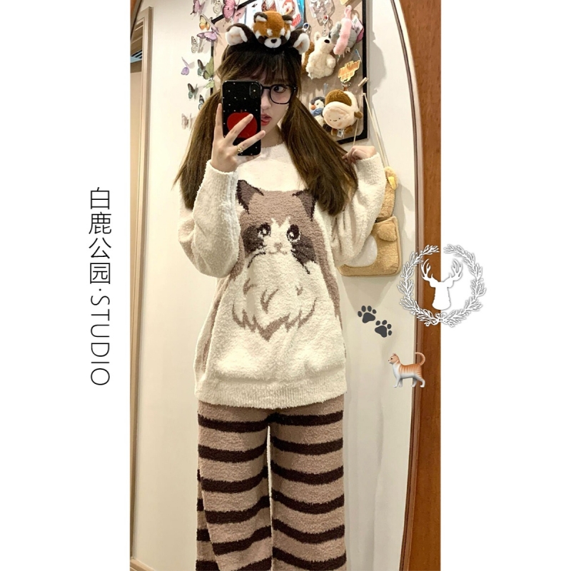 针织半边绒睡衣女秋冬家居服套装
