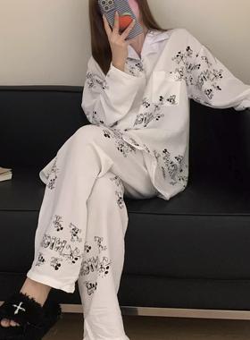 韩版卡通白色米奇长袖睡衣女春秋季2025新款大码家居服套装可外穿