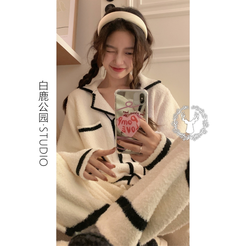 高级感简约小香风外套针织半边绒睡衣女秋冬季加厚保暖家居服套装