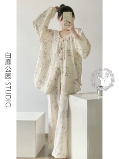 家居服套装 国风复古小清新棉纱睡衣女春秋款 长裤 大码 休闲纯棉长袖
