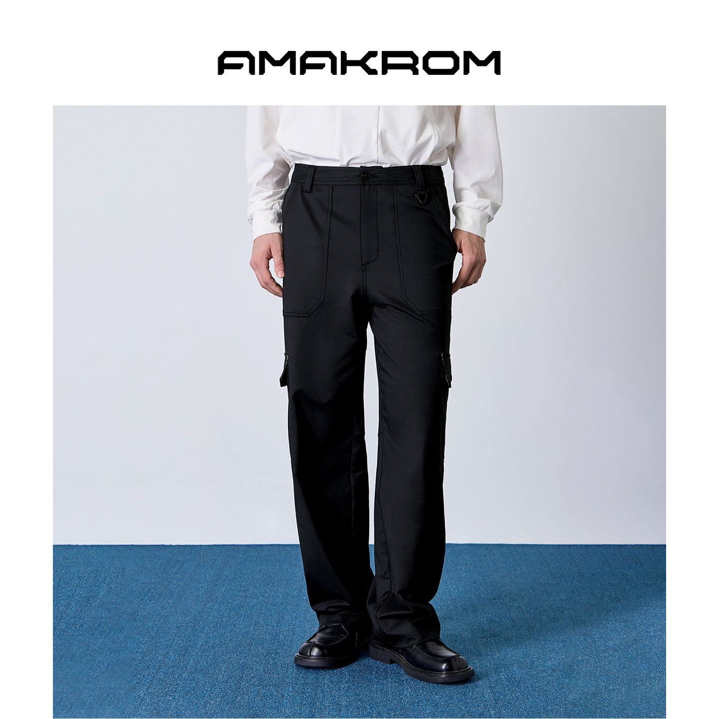 AMAKROM柔软弹力舒适 袋盖内格纹拼接 工装裤直筒长裤