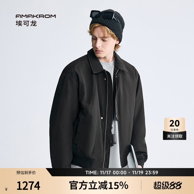 AMAKROM25冬季新品复古半门襟搭片阔版飞行夹克宽松挺括棉服外套