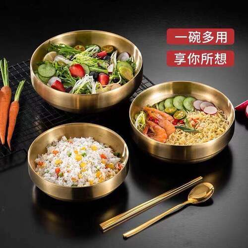 冷面碗金色不ZHENBANG锈钢泡面碗双拉面碗层防烫拌碗螺饭丝粉碗方