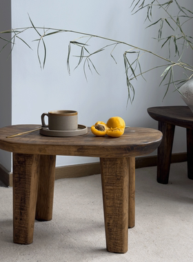 侘寂风实木沙发小边几奶牛凳复古做旧小凳子家用矮凳民宿换鞋凳