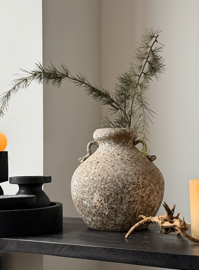 侘寂风双耳陶罐复古做旧花瓶客厅插花装饰摆件民宿高级感艺术花器