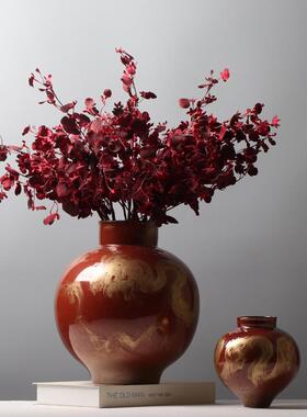 侘寂风中式红色陶瓷花瓶新年客厅摆件玉壶春瓶插花装饰品玄关布置