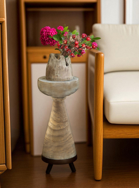 复古花架置物架阳台实木花几庭院柱形落地摆件民宿侘寂风客厅装饰