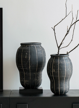 侘寂风黑色条纹花瓶摆件客厅插花现代简约水培绿植花瓶软装摆件