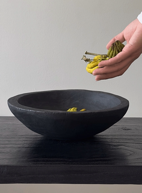 侘寂风实木黑色果盘高颜值木质佛手柑托盘民宿圆形木盘大号果盆