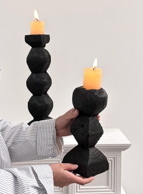 侘寂风黑色碳化烛台摆件新中式民宿玄关高级感木质烛台氛围装饰