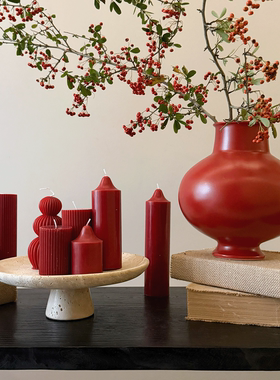 酒红色香薰蜡烛高档浪漫氛围装饰摆件新年节日喜庆蜡烛托盘套餐