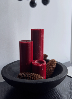 侘寂风红色蜡烛托盘桌面氛围装饰摆件天然复古实木果盘黑色木盆