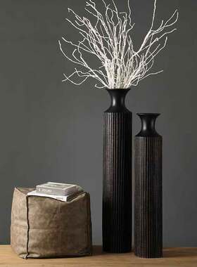 侘寂风黑色落地花瓶客厅插花装饰摆件民宿禅意高级感软装工艺品