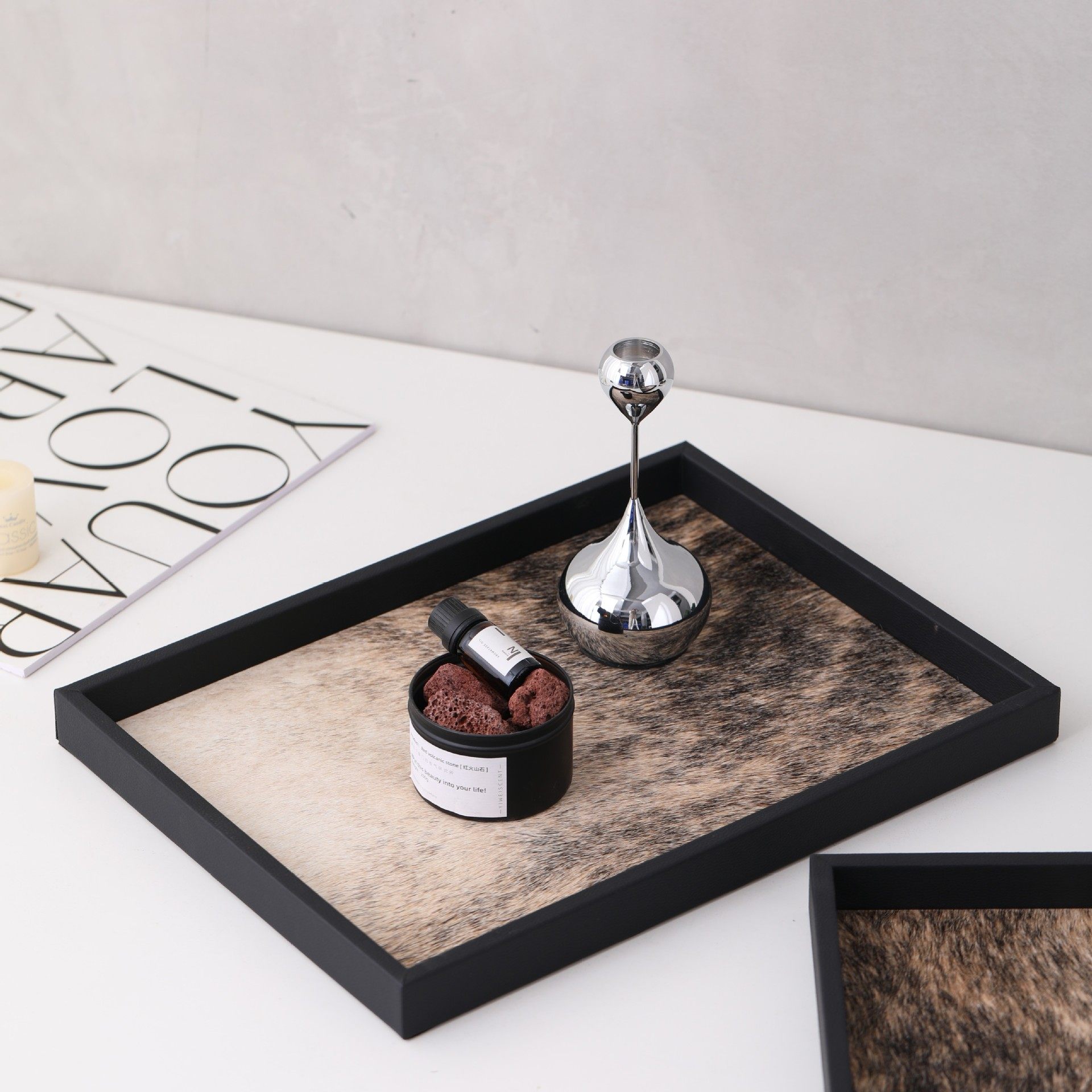 侘寂风轻奢方形收纳盘艺术感马毛斑点托盘桌面香水展示盘玄关收纳,收纳整理,收纳盘,淘宝优惠券,粉丝福利购,淘宝优惠卷