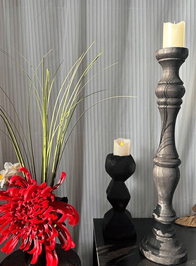 侘寂风黑色实木罗马柱烛台复古摆件浪漫烛光装饰工艺品民宿蜡烛台