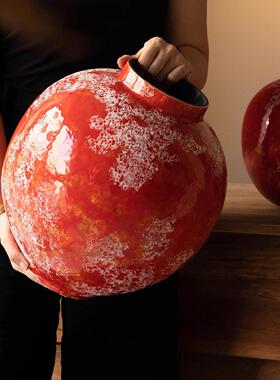 新中式红石榴陶瓷花瓶摆件客厅插花国潮风红色陶罐高级感轻奢装饰