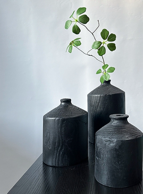 侘寂风黑色木质小口花瓶摆件客厅插花民宿玄关装饰仿古软装花器