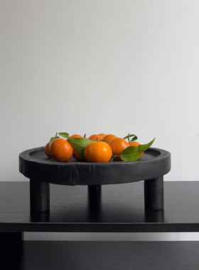 侘寂风黑色泡桐木圆形托盘民宿茶室创意木质茶台茶盘桌面果盘摆件