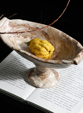 侘寂风天然洞石高脚果盘摆件佛手柑托盘大理石双耳高级玄关装饰盘