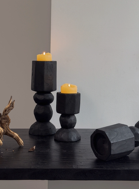 侘寂风木质烛台摆件复古黑色高级感蜡烛台民宿玄关氛围感艺术装饰