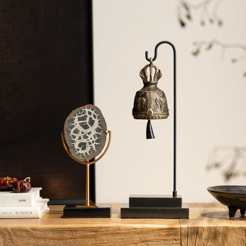 中古金属铃铛木化石高档桌面摆件