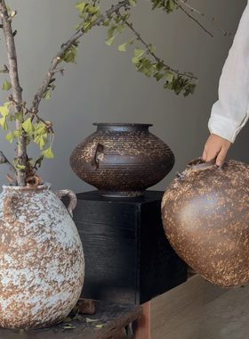 侘寂风手工陶瓷花瓶摆件中式复古做旧双耳粗陶陶罐组合家居装饰