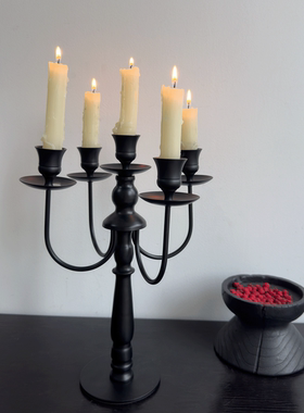 侘寂风黑色多头铁艺烛台复古简约高级感蜡烛台民宿玄关装饰摆件